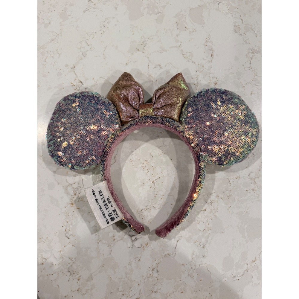 Disney Parks Minnie Mouse Sequin Ears Headband Rose Gold Iridescent Bow - Picture 3 of 3